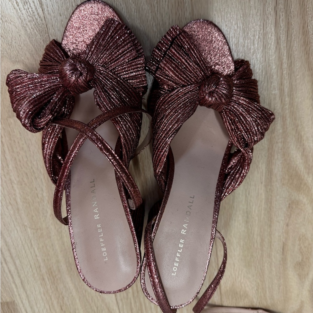 Loeffler Randall Metallic Rose Gold Bow Heeled Sandals